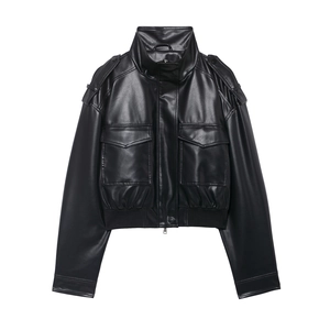 Damen Kunstlederjacke PU Moto Biker Jacke Stehkragen Reißverschluss Streetwear Locker Kurzmantel Mit Großen Taschen