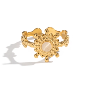French vintage stainless steel open ring with gold sunburst design and natural stone