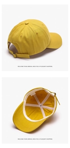 Detail of a 100% cotton yellow baseball cap showing texture and metal buckle