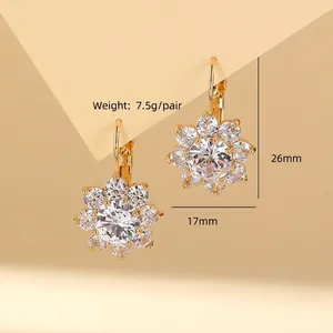 Elegant gold flower earrings with sparkling zircons, 26mm height leverback studs