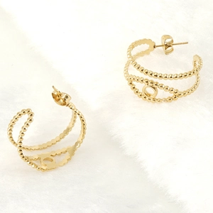 Détails de boucles d'oreilles en acier inoxydable 18K dorées à trois couches perlées