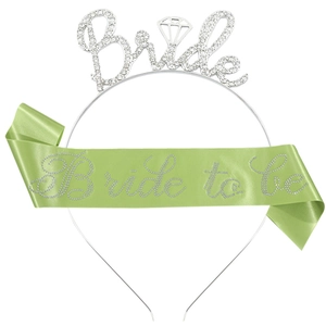 Detail of silver rhinestone Bride headband and green satin Bride to be sash set