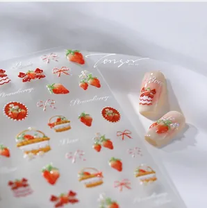 3D relief nail stickers featuring strawberry, bow patterns, and woven basket designs