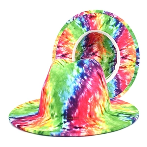 Tie Dye Fedora Hat Wide Brim Colorful Wool Felt Jazz Cap Sun Protection Travel Fashionable For Men And Women
