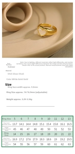 Detailed size guide table for S925 sterling silver heart shell open ring for women