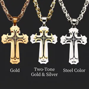Gothic Cross Pendant Necklace Stainless Steel Byzantine Chain Religious Double Layer Jewelry For Men