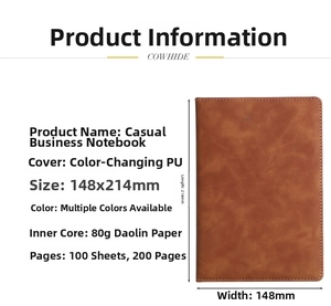 Detailed view of A5 brown PU leather notebook with dimensions and paper quality specs