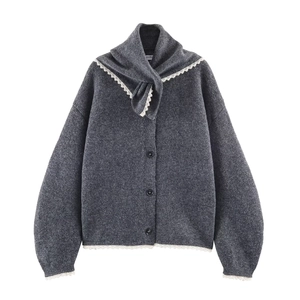Knit Cardigan Women Navy Collar Lace Patchwork Bow Tie Long Sleeve Single Breasted Acrylic Polyester Sweet Vintage Gray