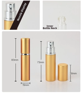 Detail of 5ml matte gold perfume atomizer with 83mm height and 19mm diameter dimensions
