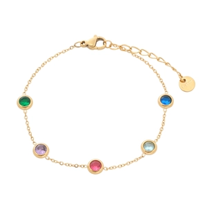 Minimalist gold stainless steel bracelet featuring five vibrant round-cut colored crystals