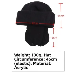 Detail showing acrylic black knit hat dimensions: 130g weight and 46cm elastic head size