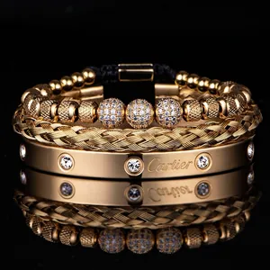 Three-piece gold stainless steel bracelet set with paved zircon ball and woven metal texture