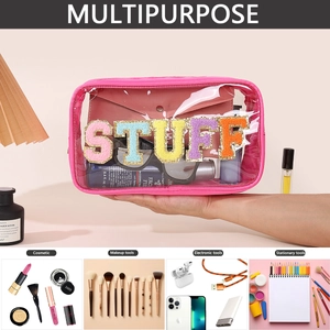 Detail showing various uses of the clear PVC pink toiletry bag with STUFF embroidery