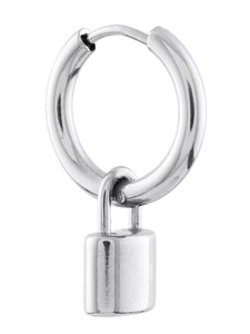 Macro shot of silver punk lock earrings showing the hinge detail and padlock charm