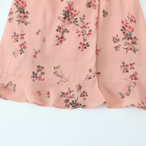 Pink floral V-neck long sleeve dress with ruffle hem and vintage chiffon print