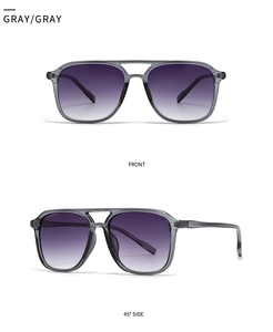 Front and side view of pilot square sunglasses with grey frames and purple gradient lenses