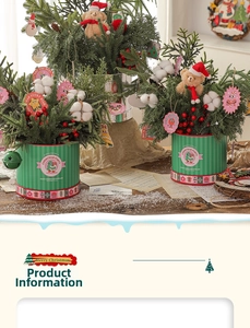 Detailed Christmas party tabletop decor featuring a plush bear, berries, and pine in a striped pot