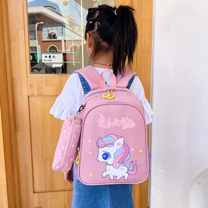 Pink unicorn kids backpack with matching small pouch and bright yellow zippers for girls