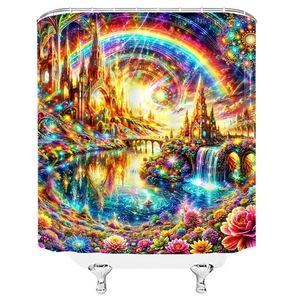 Fantasy landscape shower curtain with a 3D castle and rainbow printed on waterproof fabric