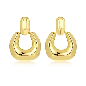 Detail view of 18K gold plated chunky irregular geometric hoop earrings with mirror finish