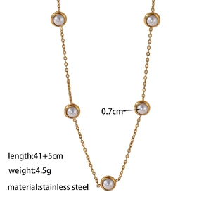 Elegant golden stainless steel chain necklace with five round pearls and size parameters