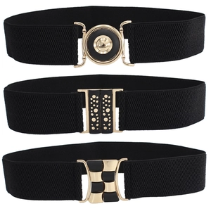 Three black elastic waist belts with various leaf and bow buckles for women's dresses