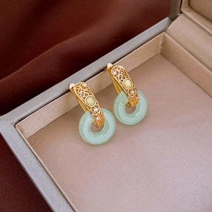 New Chinese style gold plated earrings with jade ring pendant and zircon inlay decoration