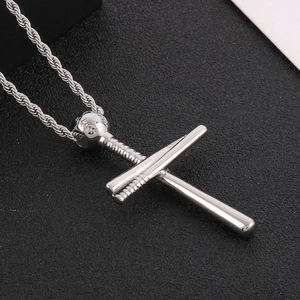 Men's stainless steel necklace with silver-tone crossed baseball bats pendant on rope chain