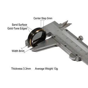 8mm matte black and gold titanium steel ring shown with caliper measurement tools