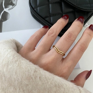 Elegant 18K gold-plated double-layer V-shaped titanium steel ring for women shown on hand