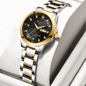 Classic silver and gold quartz watch for women with black dial and day-date display