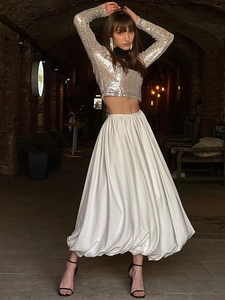 Dames Elegante Satijnen Midi Rok Hoge Taille Geplooid Bud Ontwerp A-Lijn Grote Zwaai Franse Stijl Modieus