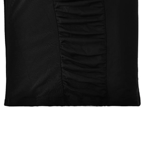 Detail view of the black fabric featuring a ruched gathered design on the side of the dress