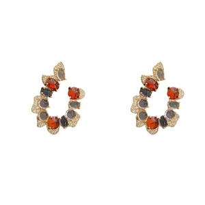 Vintage C-shaped drop earrings with multicolor cubic zirconia and gold-plated finish