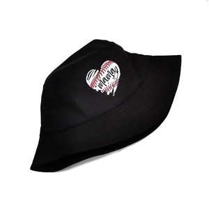 Black cotton bucket hat featuring a heart baseball Mama graphic for sun protection