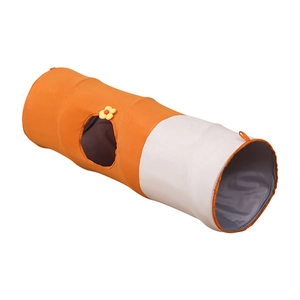 Orange and white collapsible oxford cloth cat tunnel toy with small yellow flower detail