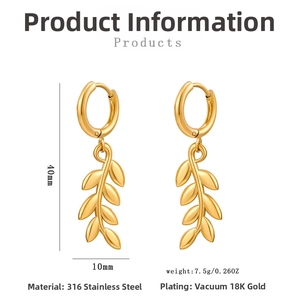 Detail view of 40mm golden wheat leaf earrings showing dimensions and 18K gold plating