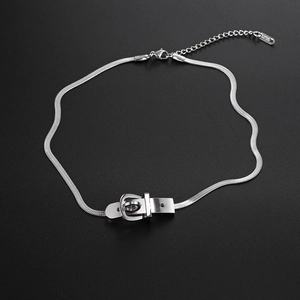 Silver stainless steel snake chain necklace featuring a unique belt buckle pendant design