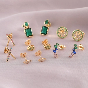 Exquisite gold-plated stud earrings set with emerald green and colorful zircon stones