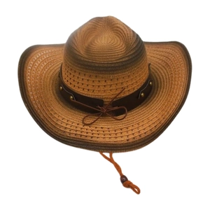 Detail of a brown woven western cowboy hat with studded leather band and adjustable chin strap