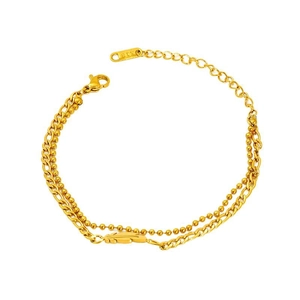 Double-layered 18K gold chain bracelet featuring ball chain and feather pendant design
