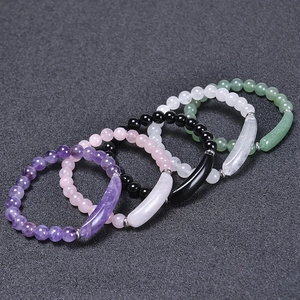 Natural Stone Beaded Bracelet Amethyst Rose Quartz Black Agate Round Beads Arc Tube Handmade Elastic Fashion Jewelry