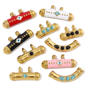 Detail of colorful enamel evil eye tube pendants in gold-plated stainless steel