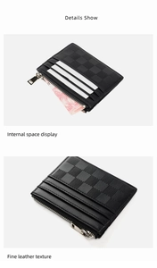 Slim leather zipper wallet with grid texture showing internal card slots and cash storage