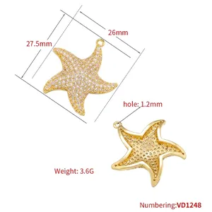 Gold-plated brass starfish pendant with sparkling cubic zirconia and dimensions