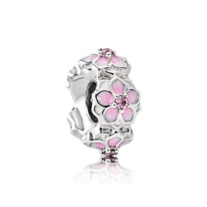 Silver bead charm with pink enamel peach blossom and sparkling zircon on white background