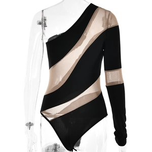 Detail of one-shoulder mesh bodysuit with sheer panels and long sleeve design