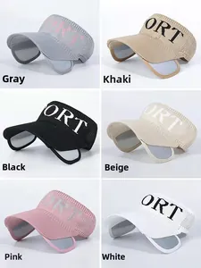 Detailed grid view of knitted open-top sun visors in six different solid colors with adjustable brims