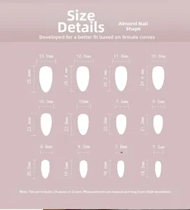 Size chart for almond-shaped press-on nails featuring 24 pieces in 12 varied dimensions