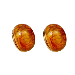 Vintage amber resin round earrings with gold frames and 925 silver needles for women